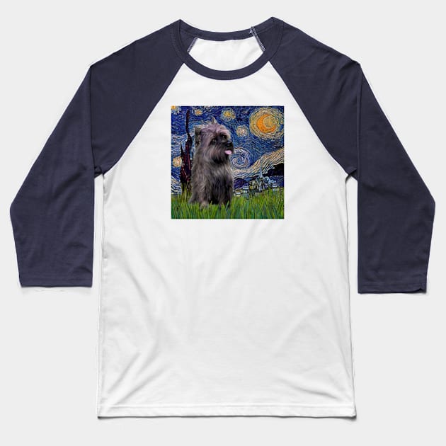 Starry Night (Van Gogh) Adapted to Feature a Brindle Cairn Terrier Baseball T-Shirt by Dogs Galore and More